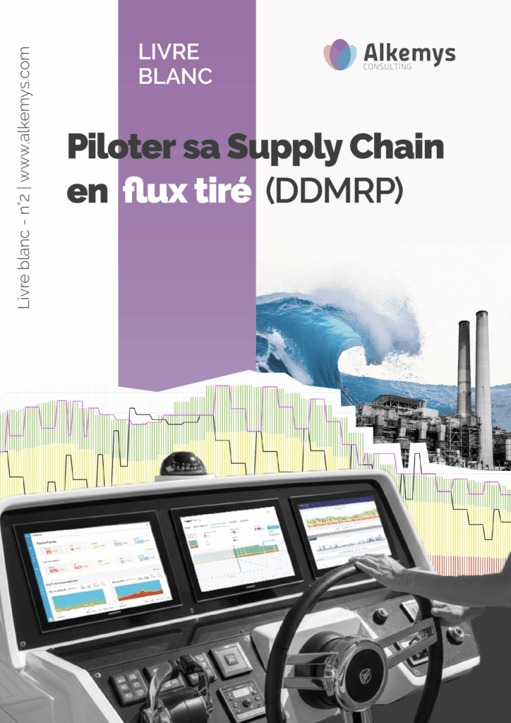 Couverture d'un livre blanc avec en couverture un tableau de bord, des graphique propre au DDMRP et un bandeau violet