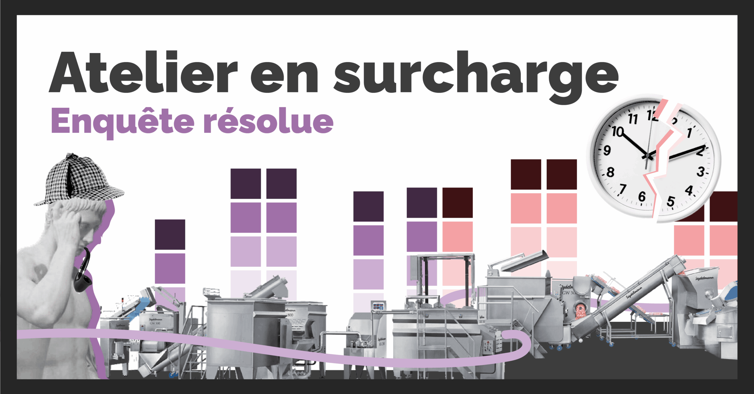 Bannière d'un article qui reprend l'histoire d'un industriel avec atelier surchargé. On y voit une statue de sherlock holmes devant une usine
